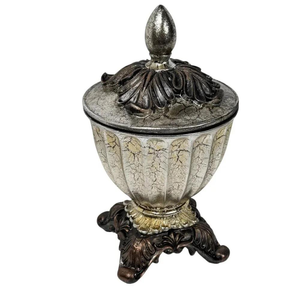 NEW Decorative Vase With Lid Silver Textured 4 Legged Ornate Vintage Style 12 x7